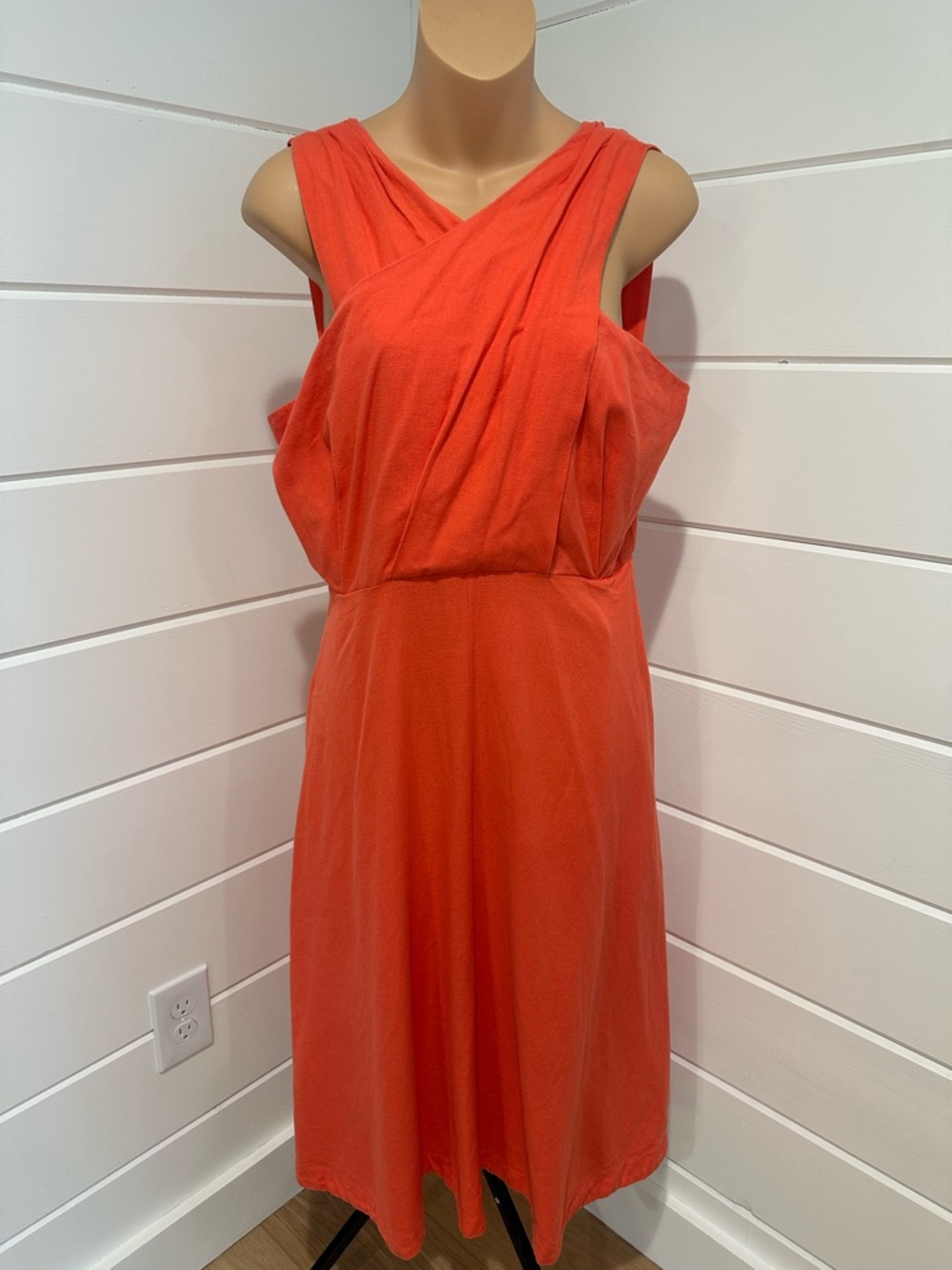 Emily & Fin Florence Midi Dress Coral Orange Cotton Linen Blend Retro Size M UK